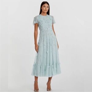 NWT Mac Duggal Powder Blue Embellished High Neck Cap Sleeve A Line Dress Size 18